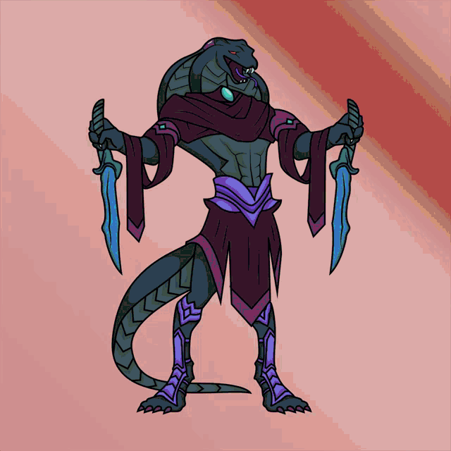 a cartoon of a snake holding two swords