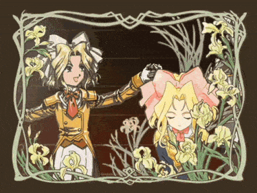a drawing of two girls in a frame with flowers