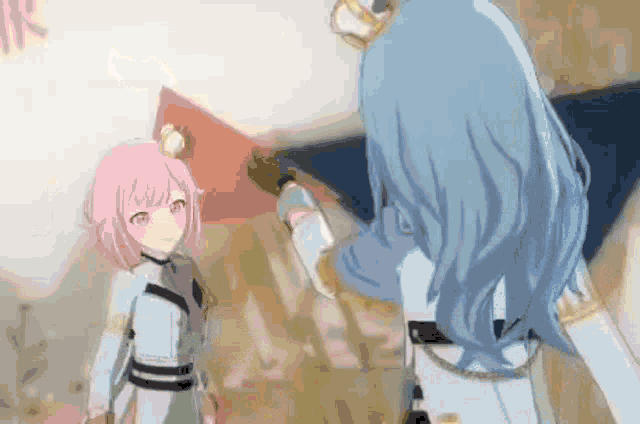 a couple of anime girls are standing next to each other and talking to each other .