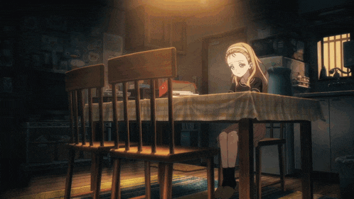 a girl is sitting at a table with a plaid table cloth