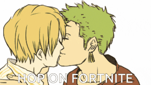 a drawing of two men kissing with the words hop on fortnite written below them