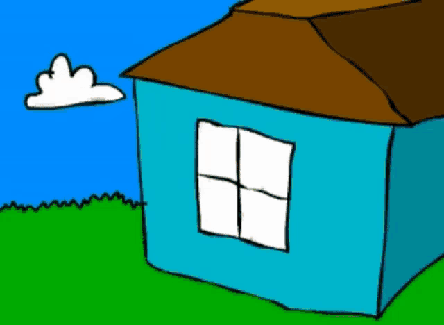 a drawing of a blue house with a brown roof and a white cloud in the sky