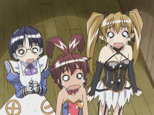 a group of anime characters are standing next to each other and one of them has a cross on her chest