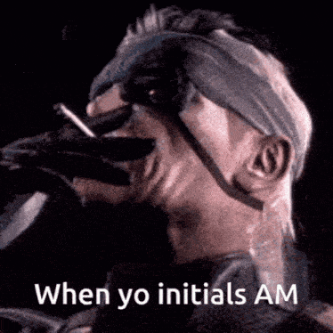 a man wearing a mask is smoking a cigarette with the words when yo initials am below him