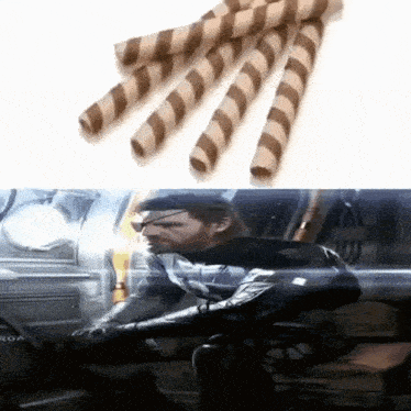 a picture of a man riding a motorcycle next to a picture of striped wafer sticks