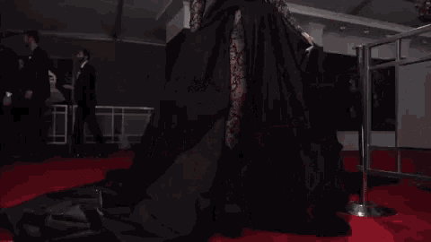 a woman in a black dress is standing on a red carpet in front of a crowd of people .