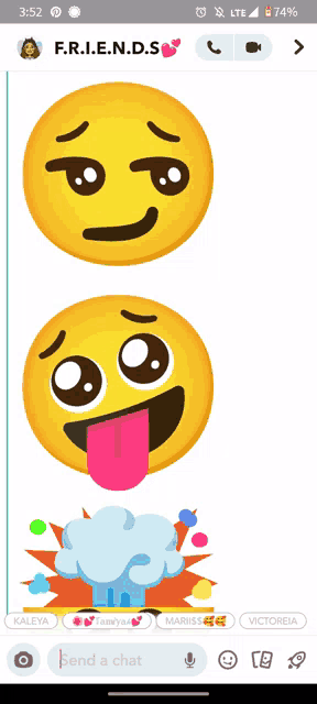 a screenshot of a messaging app with a smiley face and the words send a chat on the bottom