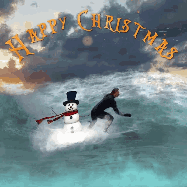 a man is riding a wave with a snowman and the words happy christmas behind him