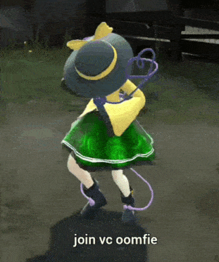 a girl in a green dress is dancing with the words join vc oomfie written below her