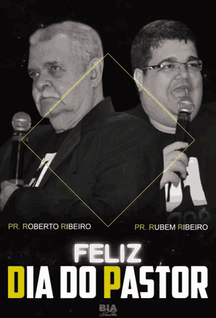 a poster for feliz dia do pastor shows two men speaking into microphones