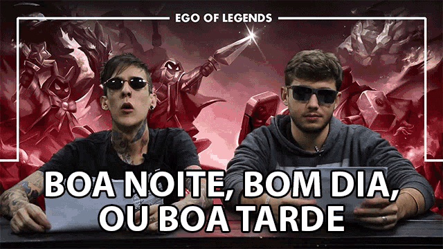 two men sitting at a table with the words boa noite bom dia ou boa tarde