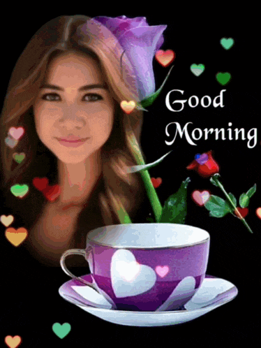 a picture of a woman and a cup of coffee with the words good morning