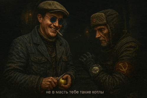 a painting of a man smoking a cigarette next to another man with a red hammer and sickle armband