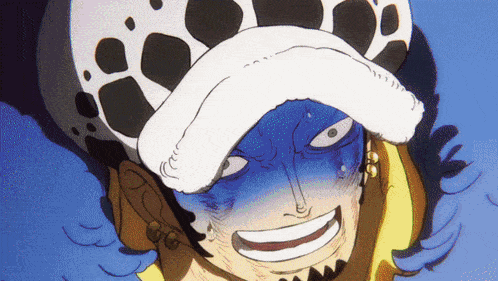 a cartoon character with a blue face and a white hat