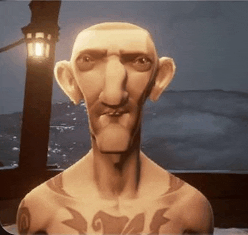 a cartoon character with a large nose and a tattoo on his chest is standing in front of a lantern .