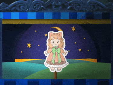 a paper doll on a stick in front of a blue and white curtain