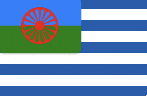 a blue white and green flag with a red wheel on it