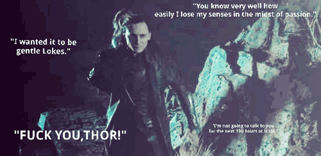 a man and a woman are standing next to each other and the woman says " fuck you thor "