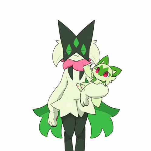 a cartoon character is holding a small green cat