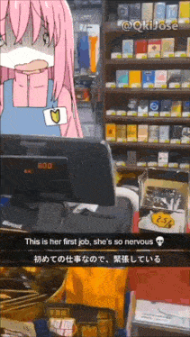 a screenshot of a girl in a store with the words " this is her first job she 's so nervous " on the bottom
