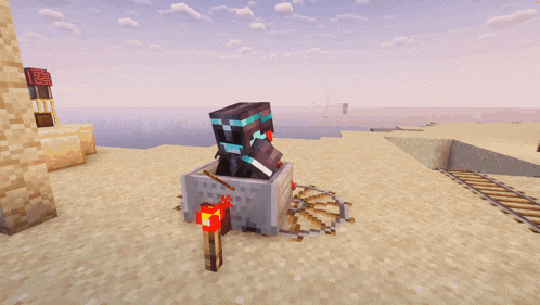 a minecraft character with a sword is standing in a box