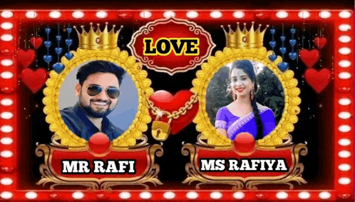 a man and a woman are standing next to each other in a frame with the words love written on it .
