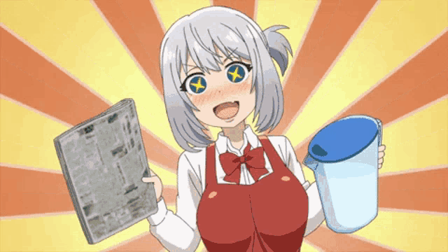 a girl holding a newspaper and a pitcher with a star in her eyes