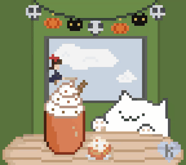 a pixel art of a cat and a cup of coffee with whipped cream