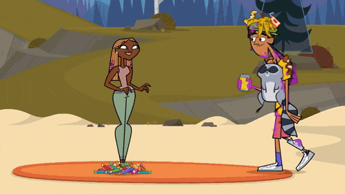 two cartoon characters are standing next to each other and one is holding a can that says 1