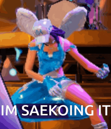a pixel art of a woman in a blue and pink dress with the words im saekoing it below her