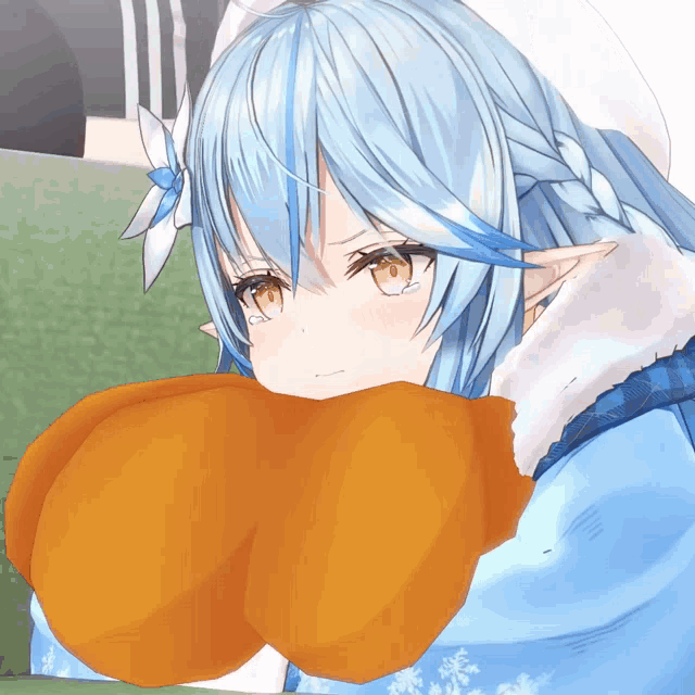 a close up of a blue haired anime girl holding a pillow