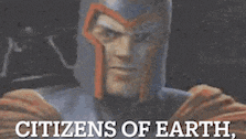 a comic book character with the words citizens of earth written below him