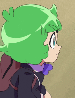 a cartoon girl with green hair and a purple scarf