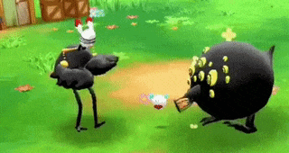 a black ostrich and a white chicken are standing next to each other in a video game .