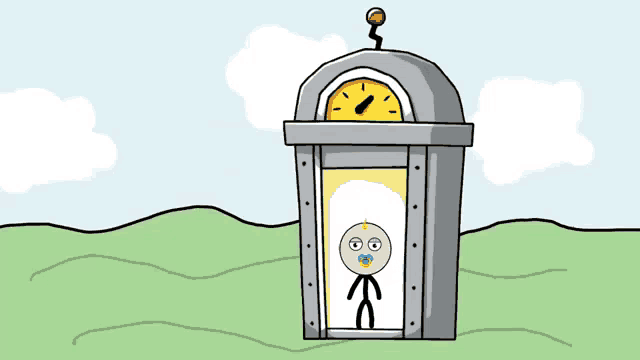 a cartoon of a stick figure standing in a doorway with a clock on top of it