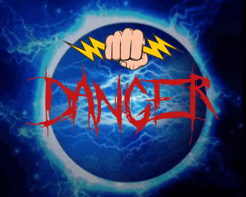 a blue background with a fist and lightning bolts and the word danger in red