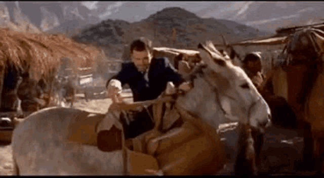 a man riding on the back of a donkey