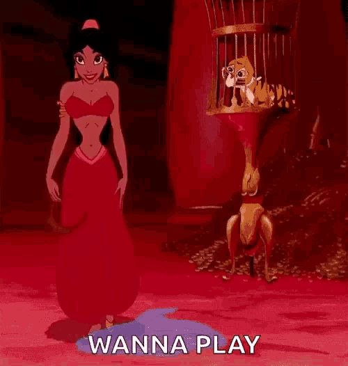 jasmine from aladdin is dancing in front of a bird cage with a tiger in it .