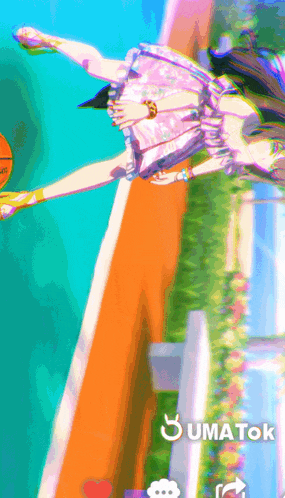 a girl in a pink dress is jumping in the air with umatok written on the bottom right