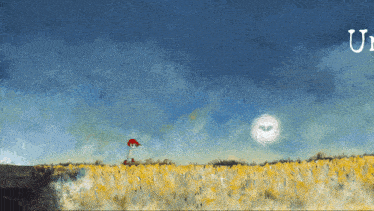 a painting of a person standing in a field with the letter u visible