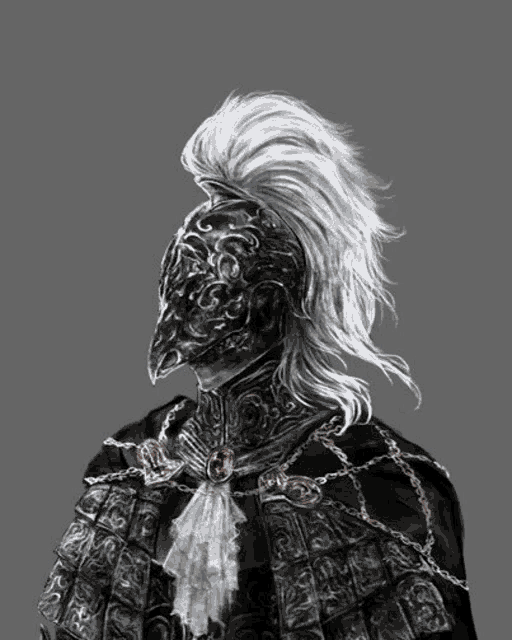 a black and white drawing of a knight with a helmet on