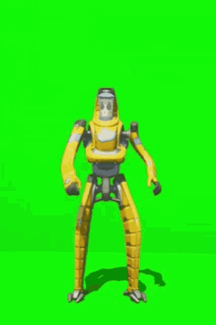 a yellow robot wearing a gas mask is standing on a green screen .