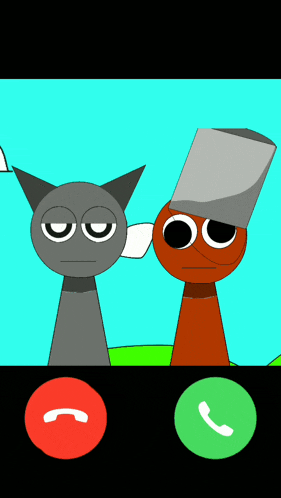 two cartoon characters are talking on a video call with a red button that says ' i ' on it