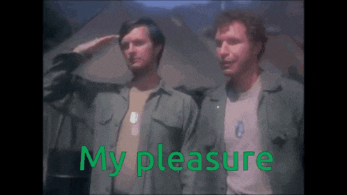 two men salute in front of a tent with the words my pleasure in green