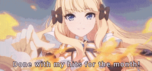 a blonde anime girl with blue eyes and the words done with my hits for the month written below her