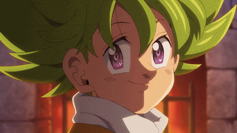 a cartoon character with green hair and purple eyes is smiling