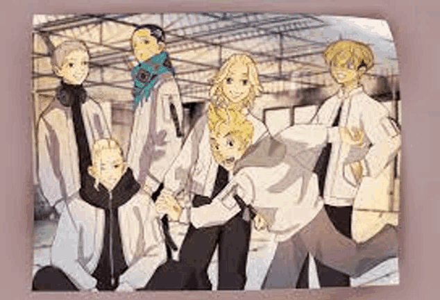 a group of anime characters standing next to each other on a pink background .