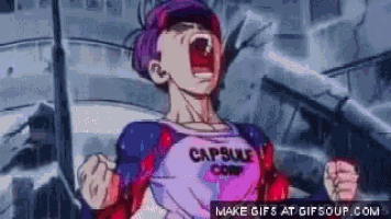 a cartoon character with purple hair is wearing a capsule corp shirt and screaming .