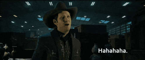 a man in a cowboy hat is laughing in a video game scene