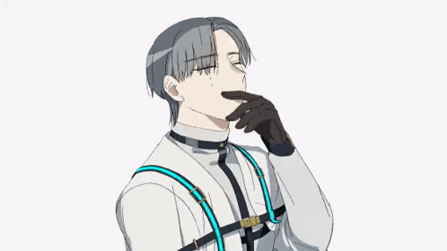 a drawing of a man in a white shirt and suspenders holding his hand to his chin .
